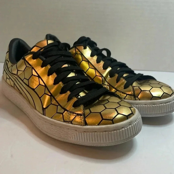 Puma Shoes - Puma Basket Low Classic Gold and Black Metallic Sneakers